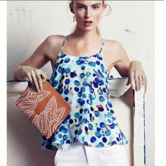 Silk Maeve Anthropologie Zabella Scatter Dot Blue Cream Ruffles Racerback Top 10 - Picture 1 of 3